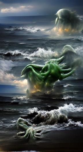 Cthulhu rising from the ocean stormy sea 8k resolution devia...