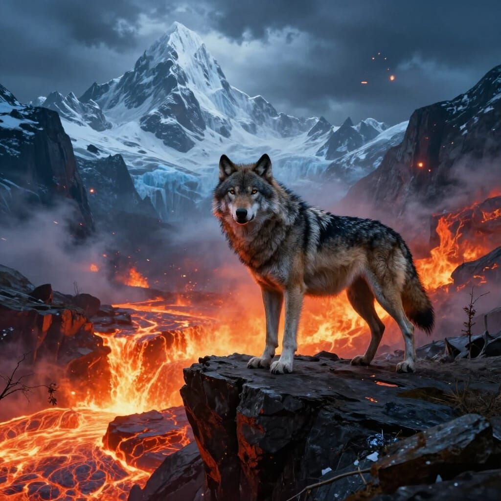 Majestic Grey Wolf on Cliff Edge with Fire and Ice Landscape