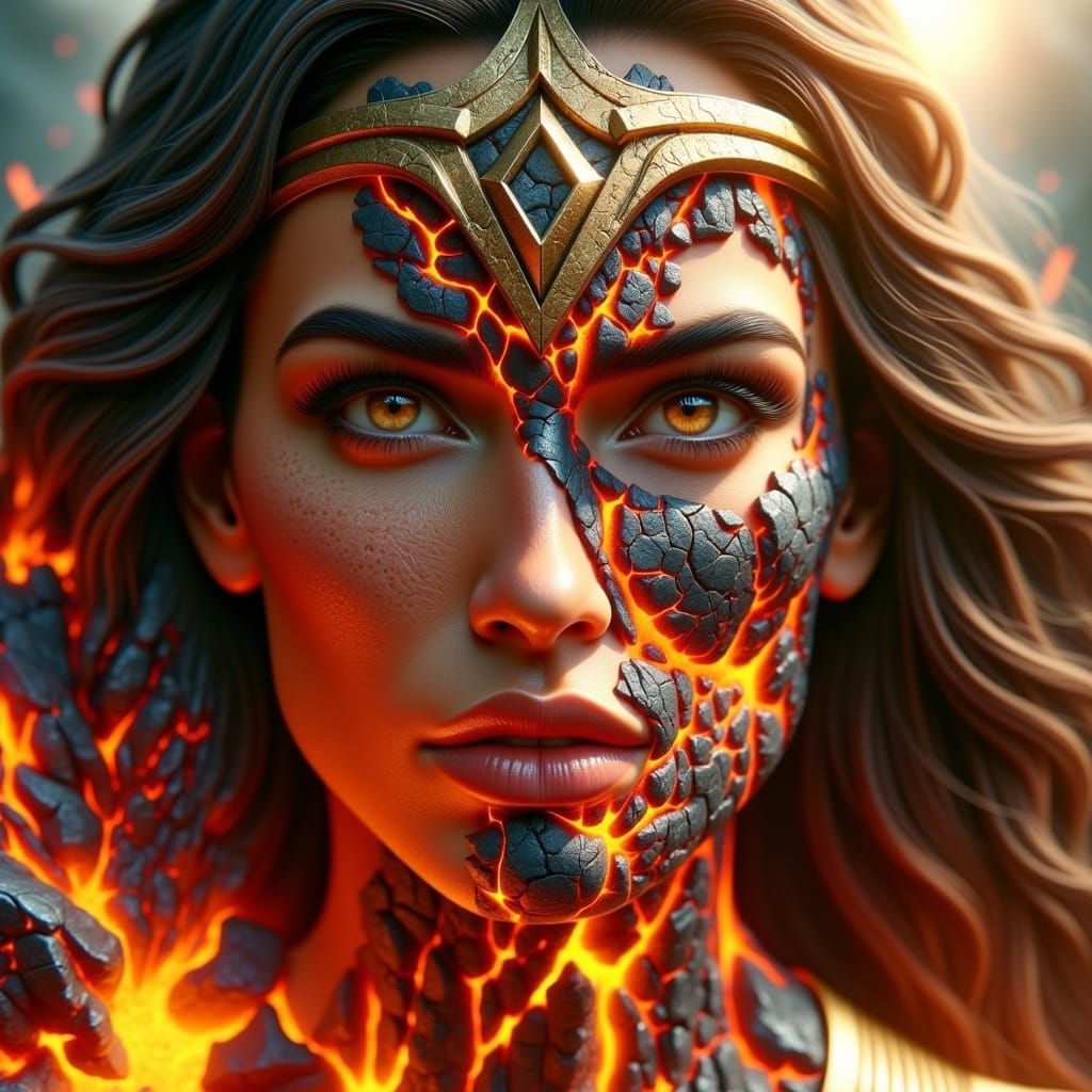 <lora:Magmafication Flux:1.0> A close-up of Wonder Woman, her face determined, with her golden tiara glinting in the sunlight as she prepar...