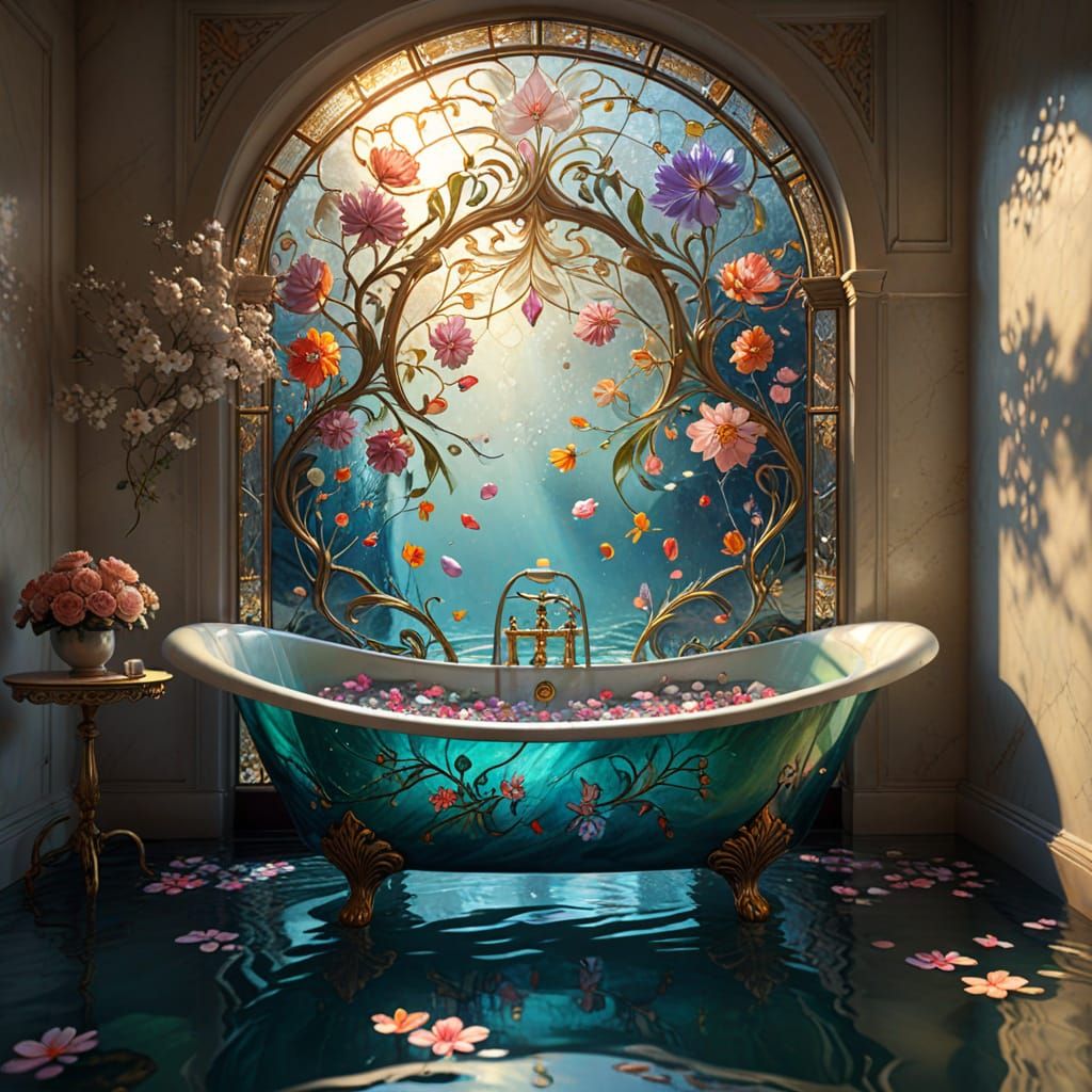 Ethereal Stained Glass Bathroom in Art Nouveau Style