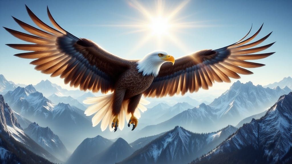 A (BALD EAGLE 🦅) flies majestically in the sky above rugged mountains.