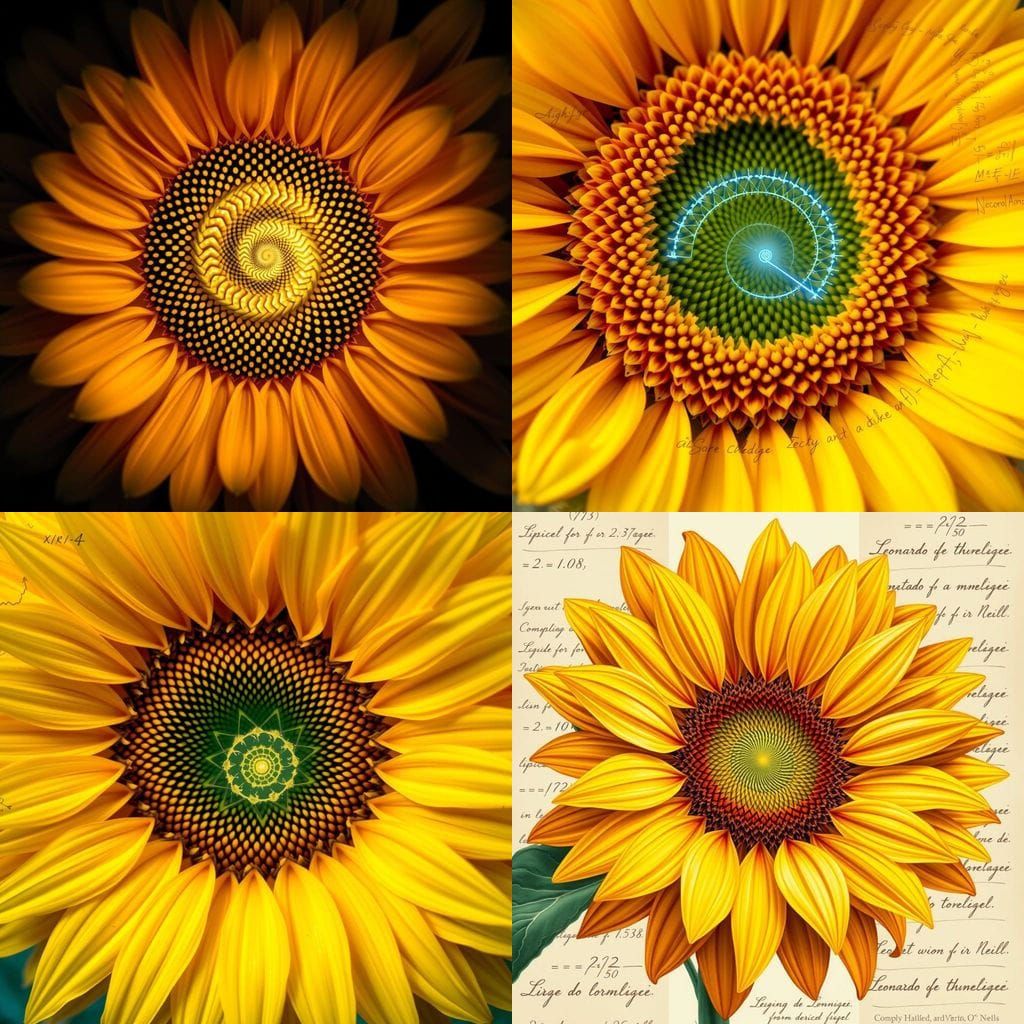 A close-up of a sunflower overlaid with a clearly visible Fibonacci spiral, glowing slightly to highlight the mathematic...