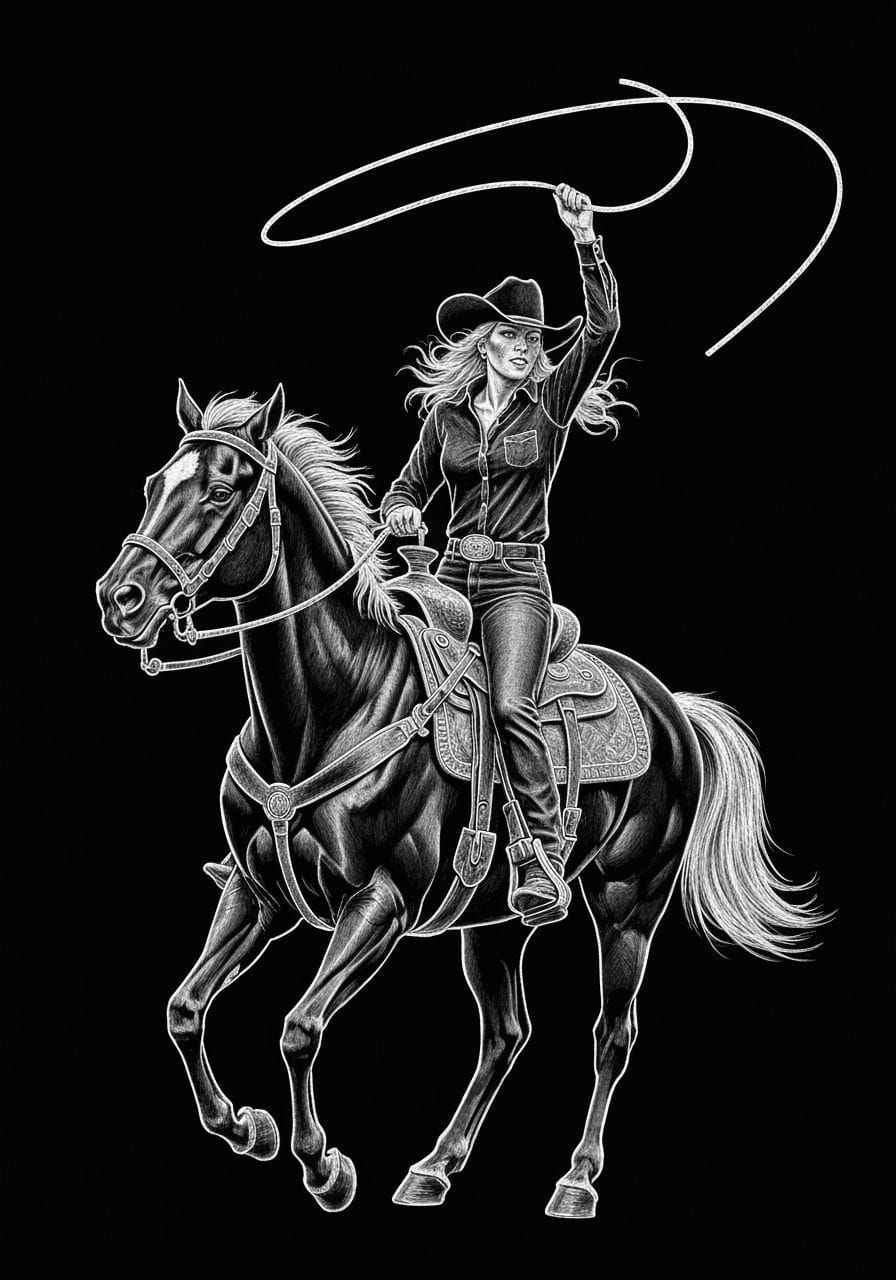 white chalk drawing on black background, beautiful cowgirl sitting on a horse, cowgirl spinning a lasso ...  by @Golem