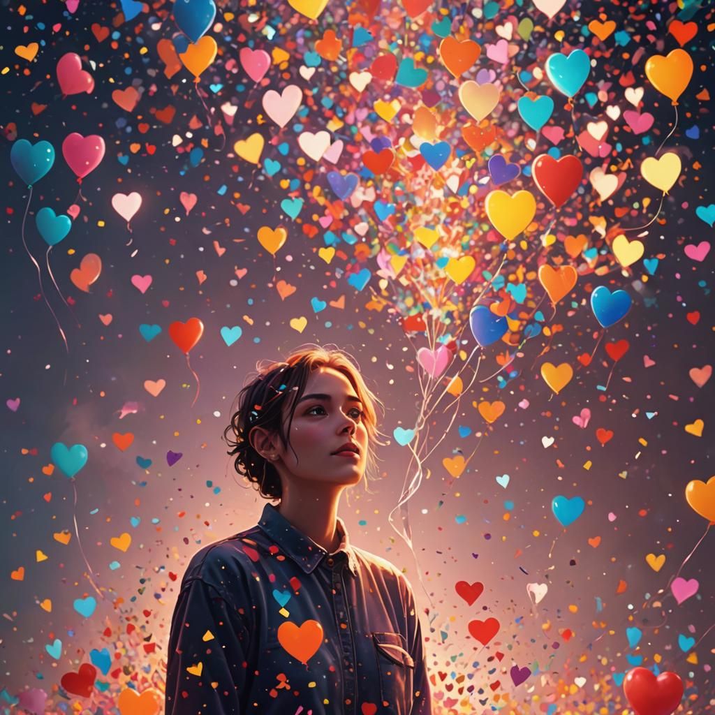 Vibrant Digital Art of Person Surrounded by Hearts
