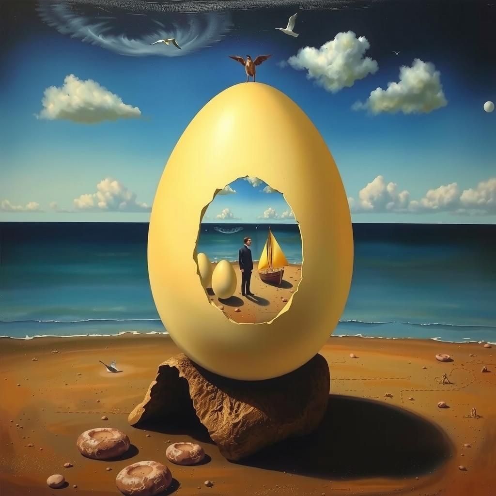 Seasons, painting of three eggs with a man standing on a bea...