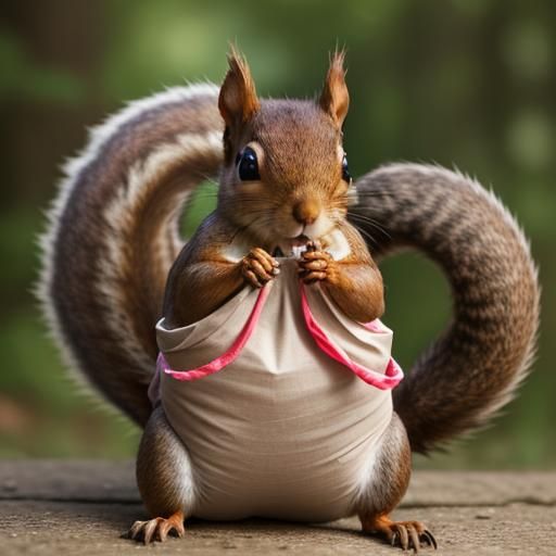 A squirrel coming out from a gunny sack eating a nut staring...