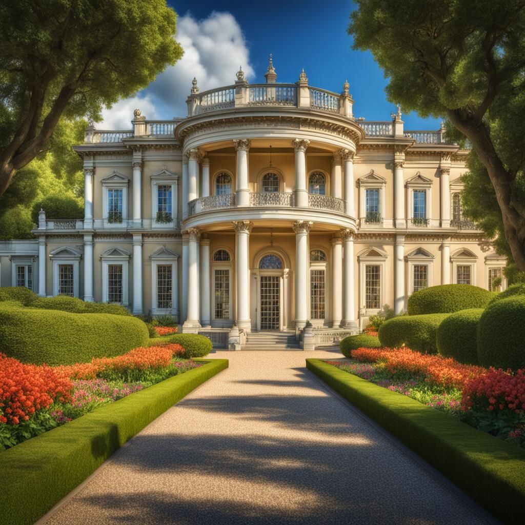 Palladian style mansion in a beautiful garden park with trees and flowers.  intricate details, HDR, beautifully shot, hyperrealistic, sharp...