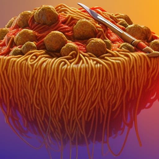 A mountain covered in spaghetti and meatballs