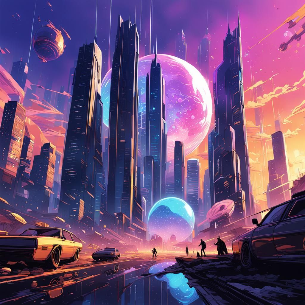 Retro-Futuristic Metropolis Explosion in Syd Mead Style