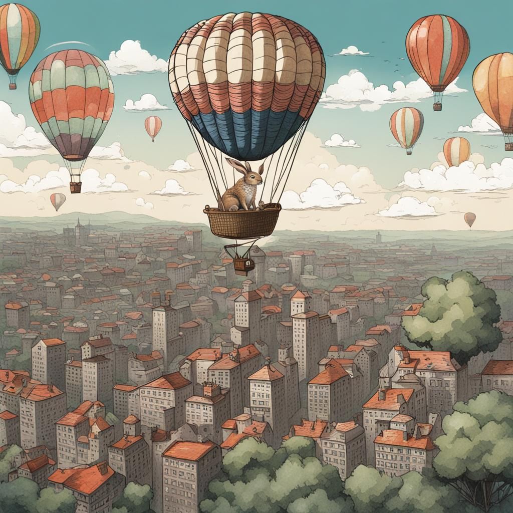 Hare flying over a city by balloon