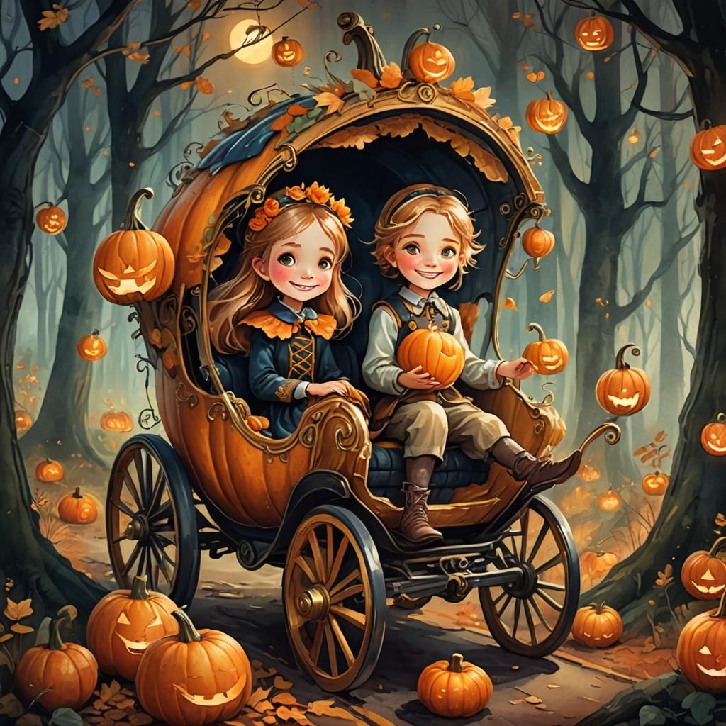 Girl in Pumpkin Carriage Fantasy Digital Painting