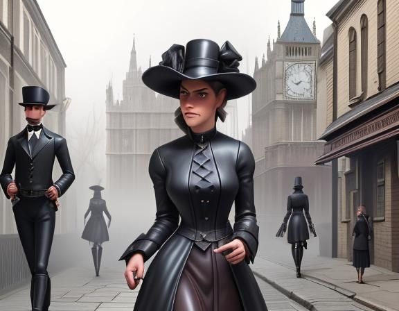 Evil woman in leather walking in1880s misty London street