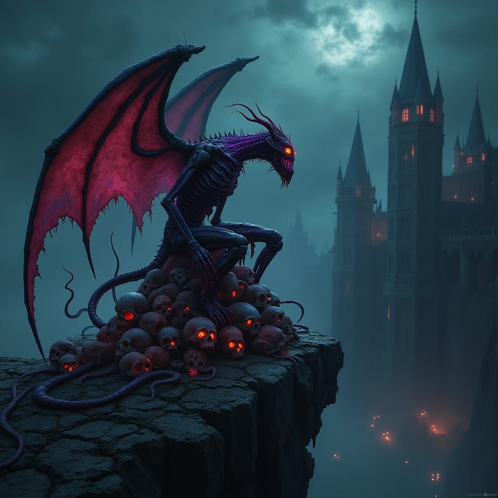 Ethereal Demonic Warden Perches on Skull Throne Amidst Ruins