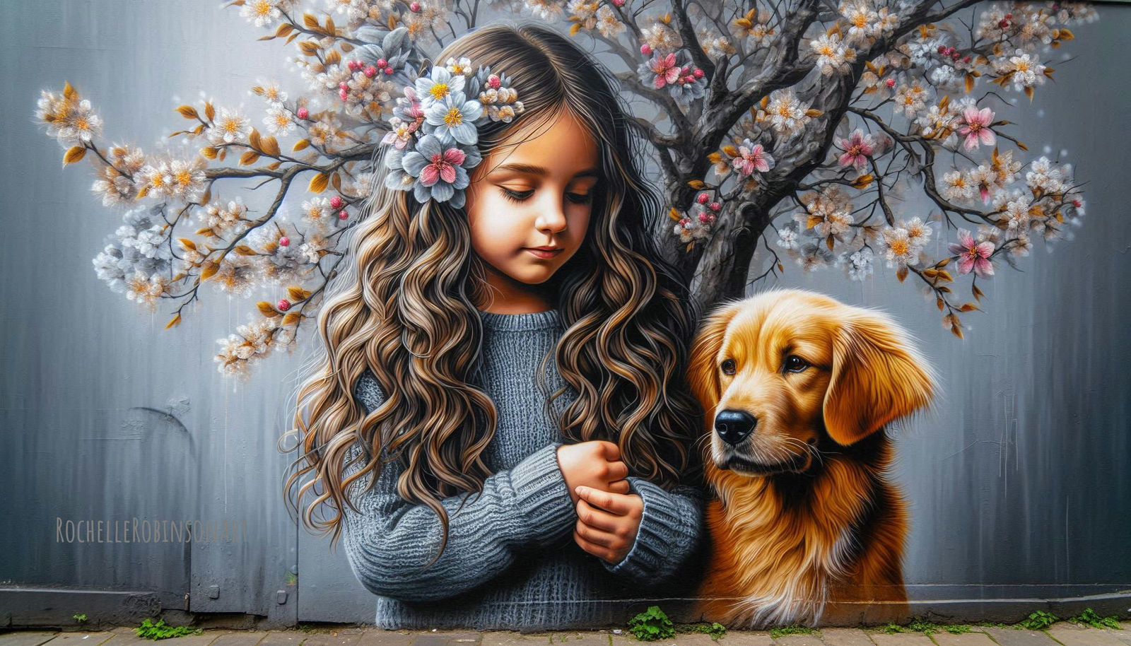 A Young Girl And Her Dog Oscar - Street Art