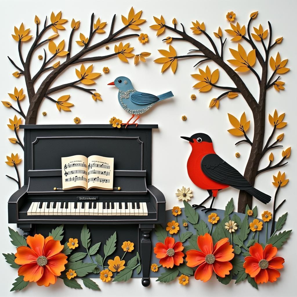 Fall piano scene, with birds.