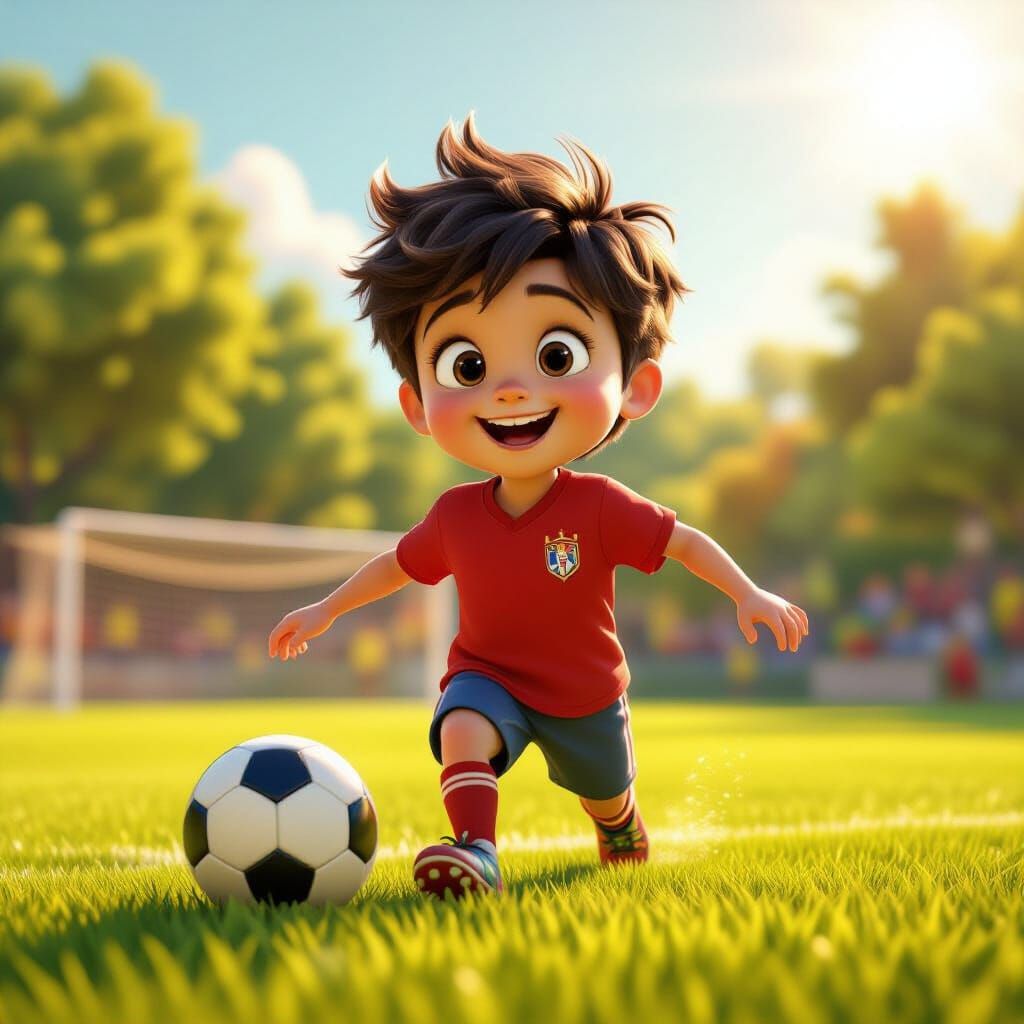 Young Boy Playing Soccer in Pixar Animation Style