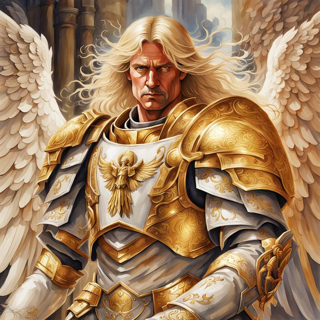 Watercolor painting of Sanguinius. White angel wings, long b...