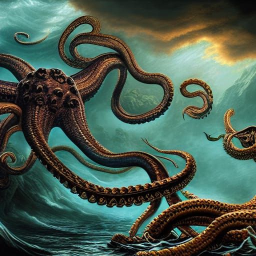 The Kraken and Hydra fight - AI Generated Artwork - NightCafe Creator