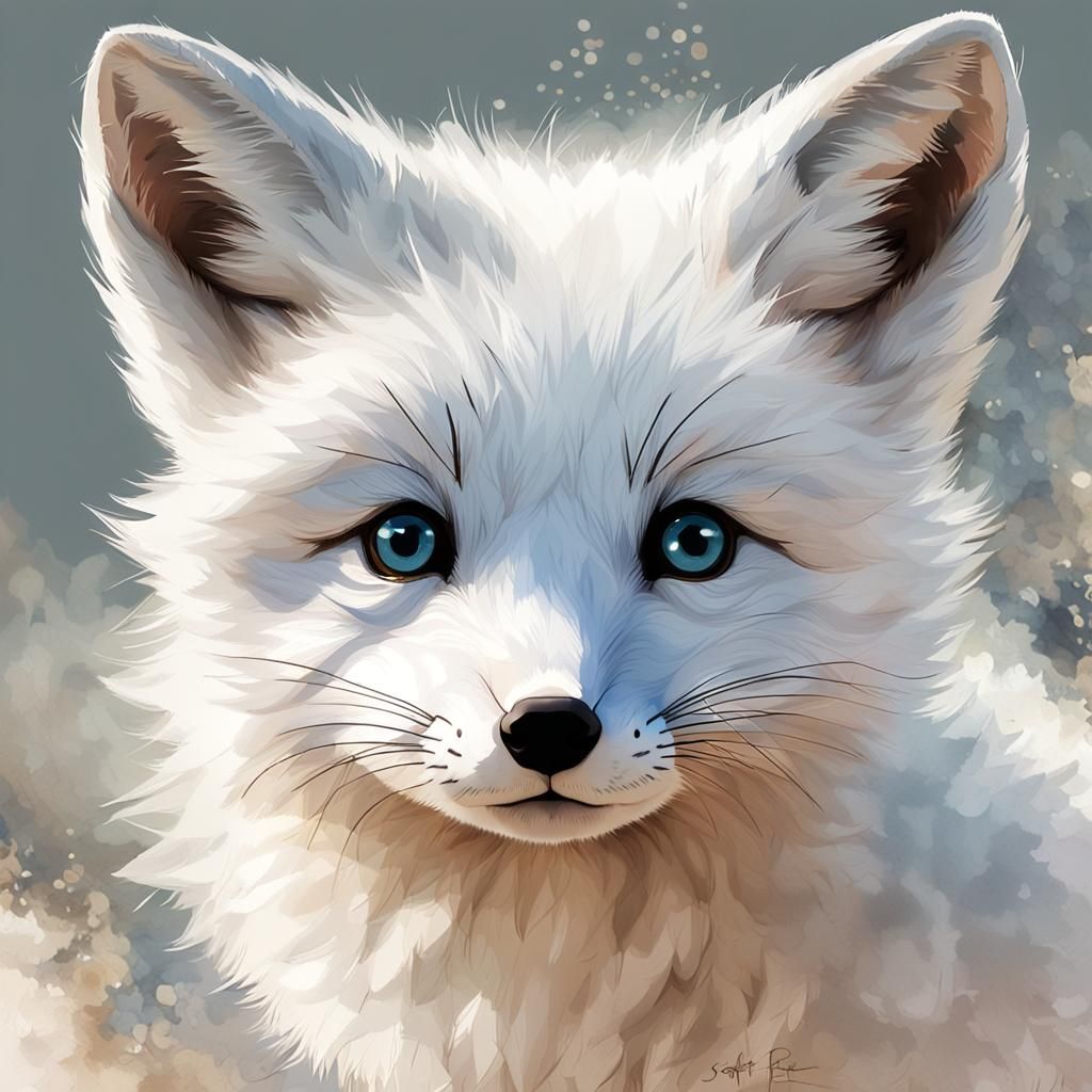 Closeup of a baby white fox kit facing the camera. The fox had white thick textured fur that is highly detailed and illuminated in the light...