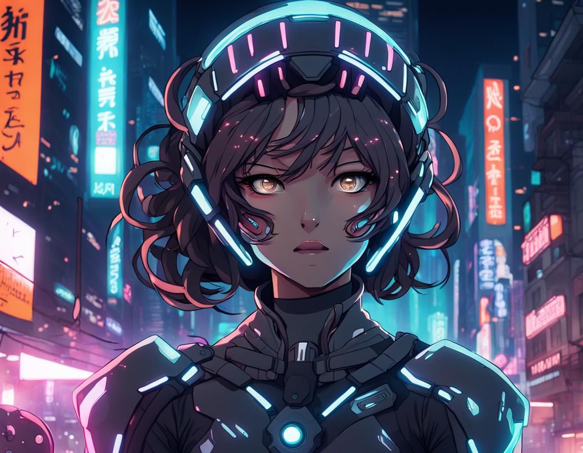 Portrait of a cyborg girl wearing futuristic face armor in a...