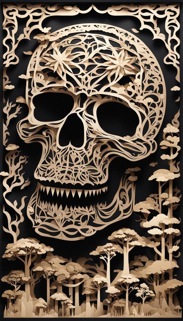deep black and bone color palette, Kirigami paper-cut style,...