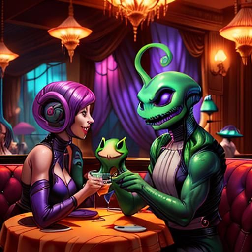 <lora:JackSnailington SD15:1.0> Two aliens on a date in a fancy restaurant.