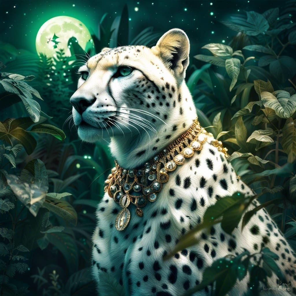 Enchanted White Cheetah in Moonlit Jungle