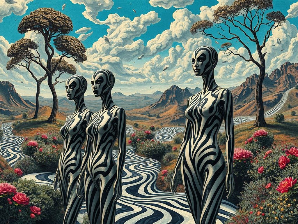 Surreal Abstraction: Dreamlike Landscape with Striped Manneq...