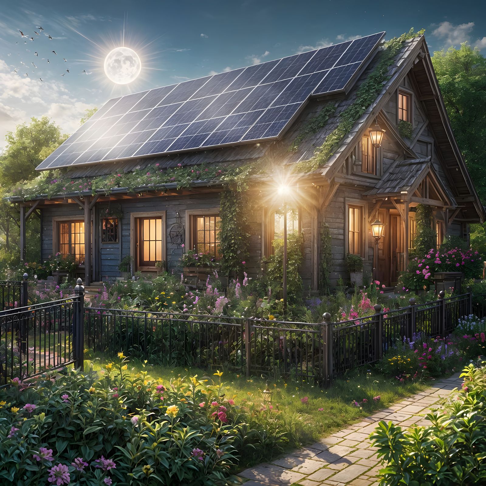 A large solar panel in a garden, garden light lit up from the solar panel. High resolution.   by @Irene