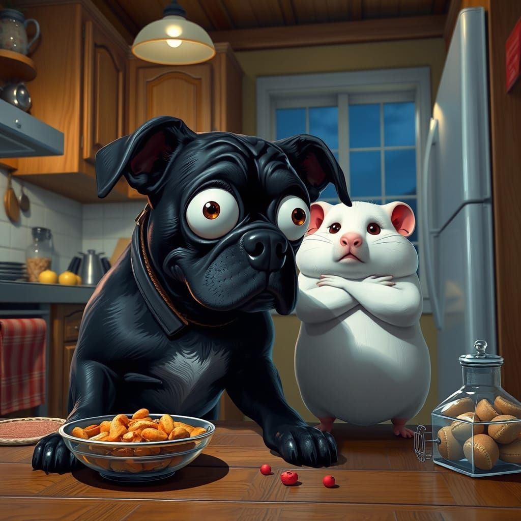 POV shot from the viewer of a cartoon styled cute black dog looking for snacks in a kitchen in the middle of the night b...