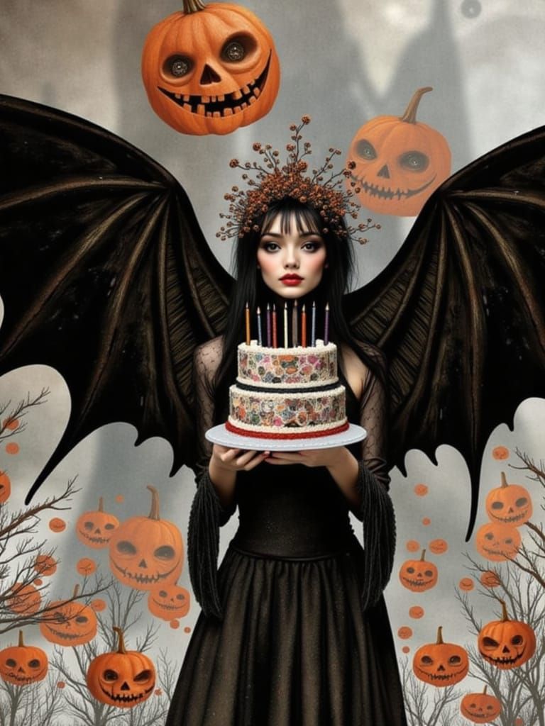 <lora:mix:1.0> <lora:Scratch Art:1.0> <lora:mmcollage:1.0> <lora:TVhead:1.0> A witch enjoying her Halloween birthday party for her 45th birt...