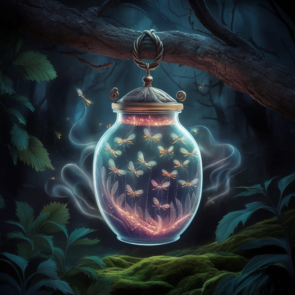 bright fireflies in a wonderful jar hanging on the branch of...
