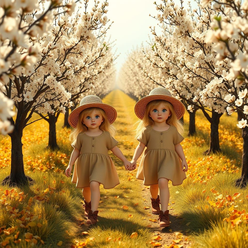 Twin Girls Walk in Almond Blossom Wonderland