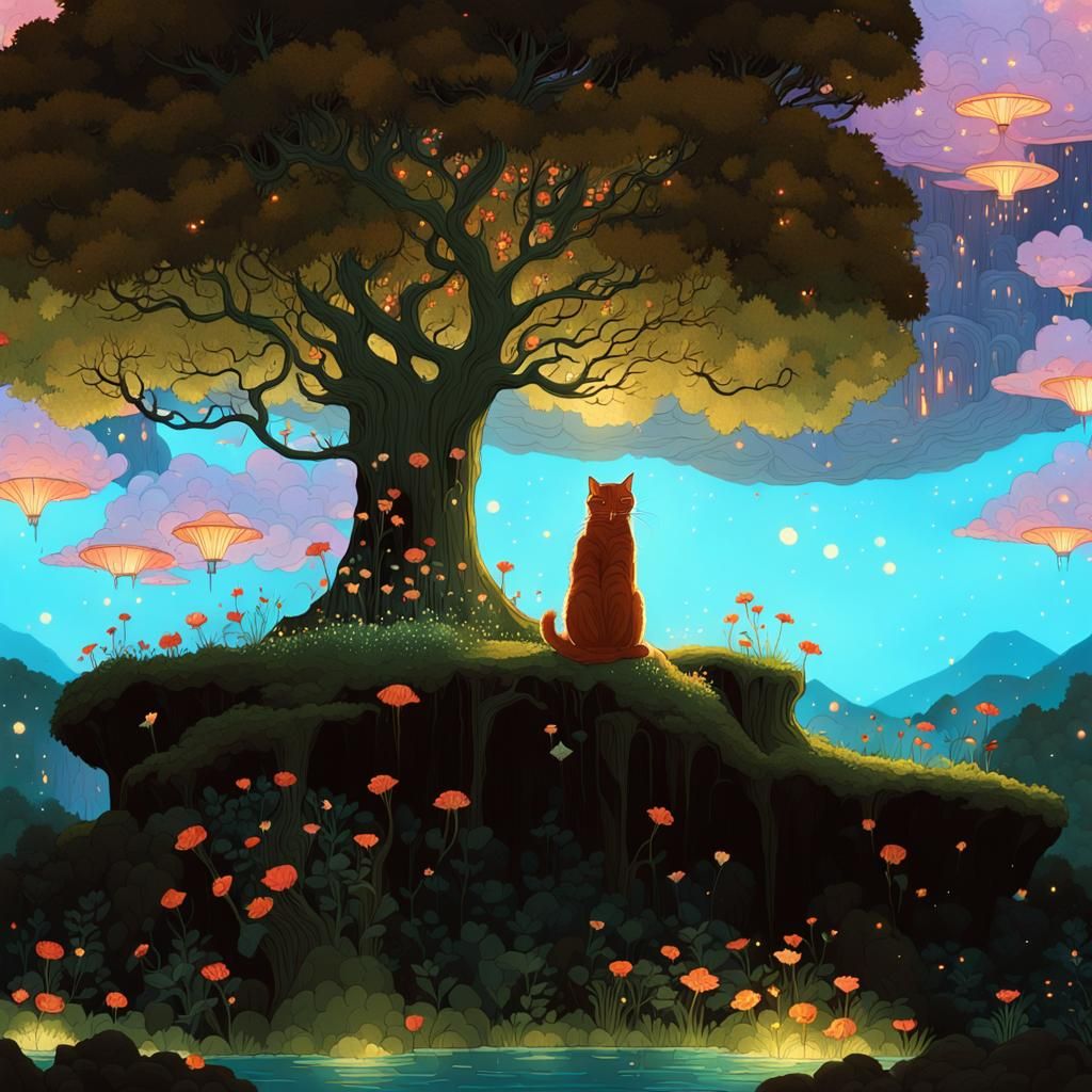 Majestic cat lounging on a floating island in the sky, surro...