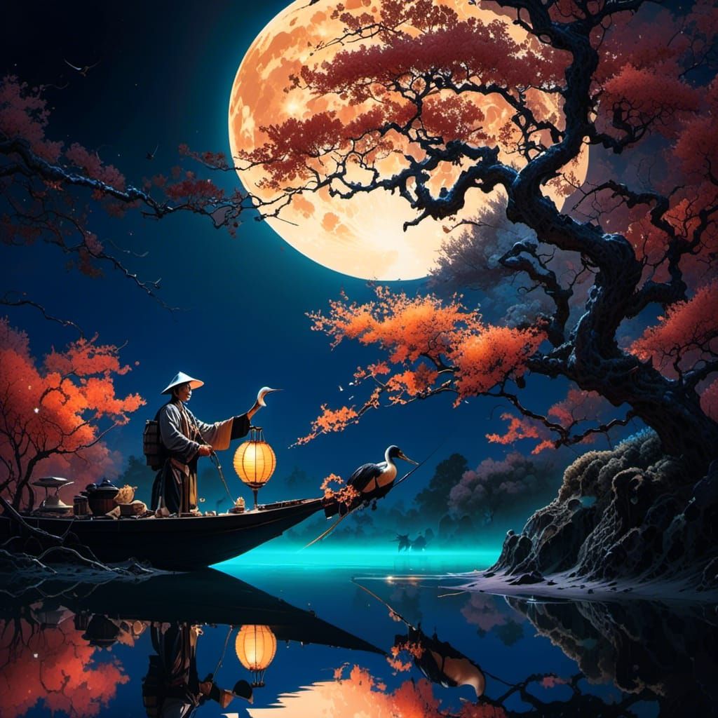 <lora:Morpheus :1.0>  asymmetrical composition, Fine art (photo:1.3) portrait of a Japanese fisherman feeding his cormorant under the glowin...