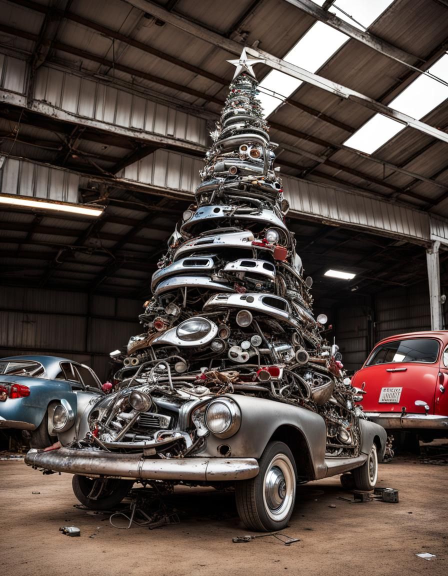 Christmas Tree made out of car parts in a junk yard  by @Negativ G