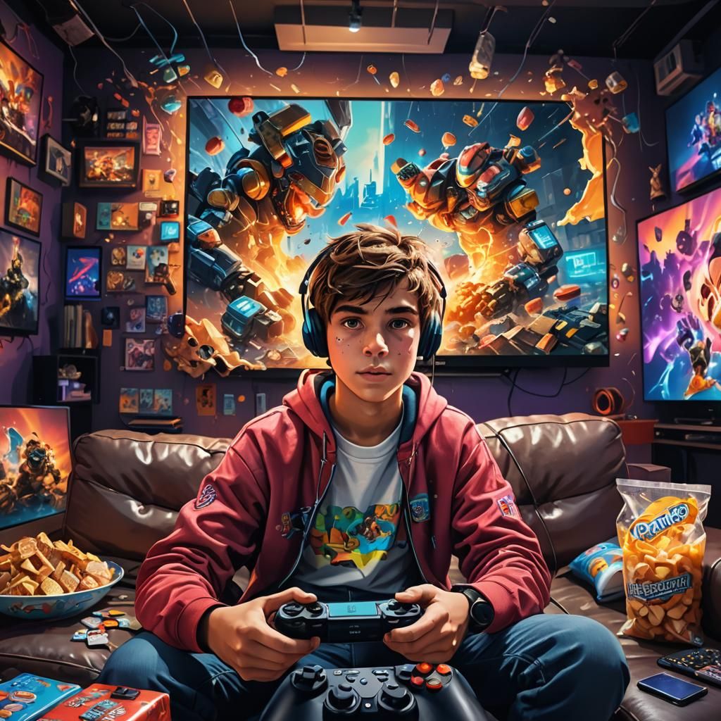 Hyper-Realistic Gamer in a Vibrant Tech Scene