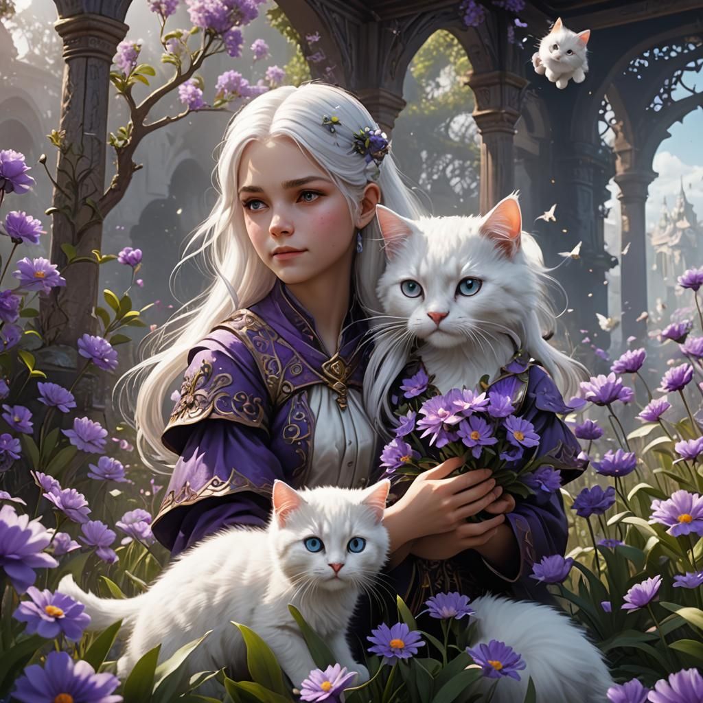 girl with purple flowers in her white hairs playing with whi...