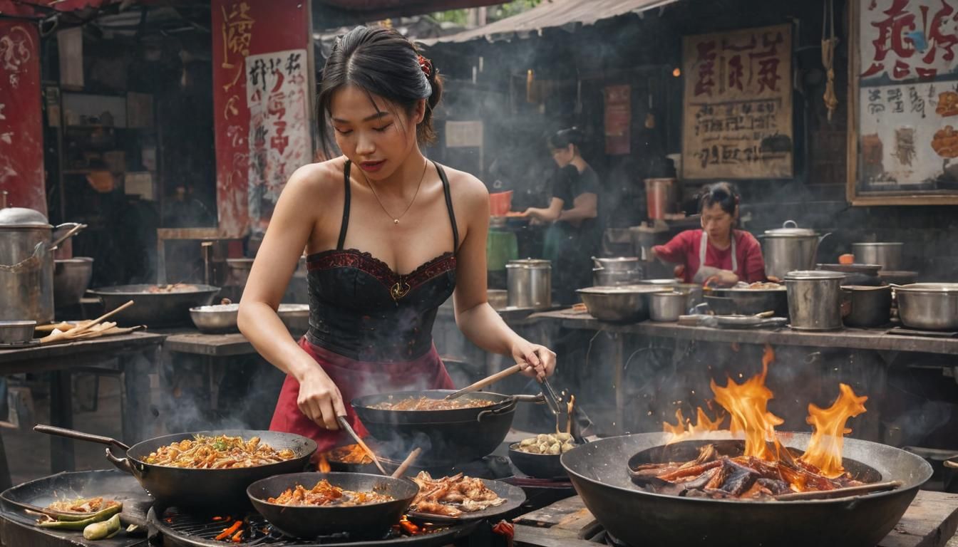 a woman cooking at an outdoor food stall. The woman has an e...