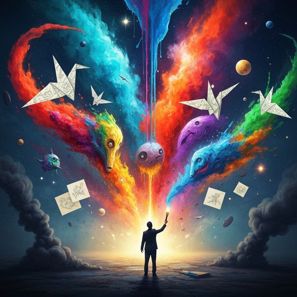 A breathtaking fusion of imagination and chaos — a world where creativity itself bursts free from the canvas. Colors explode like galaxies c...