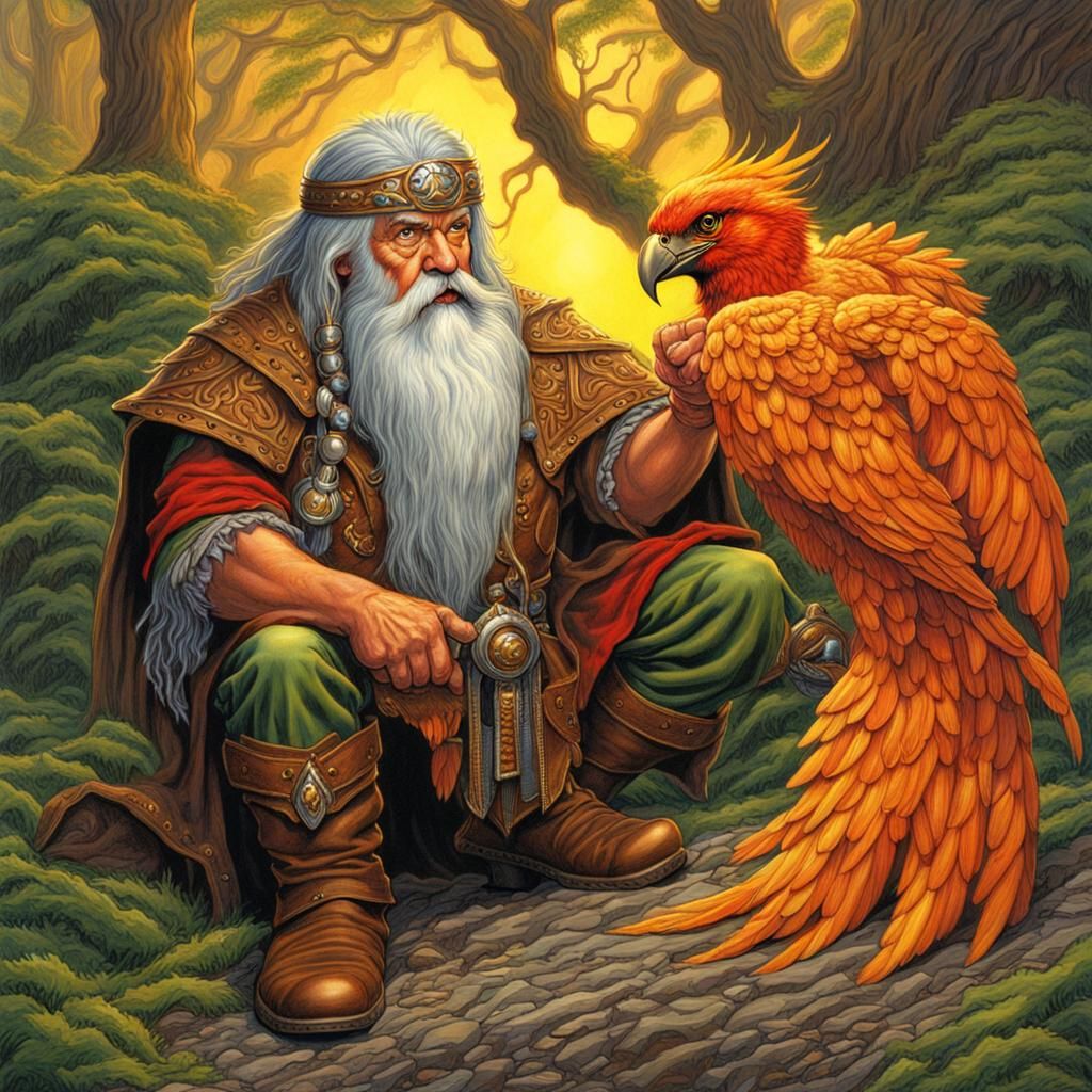 A druid dwarf talking to his pet Phoenix  by @Mommakuma