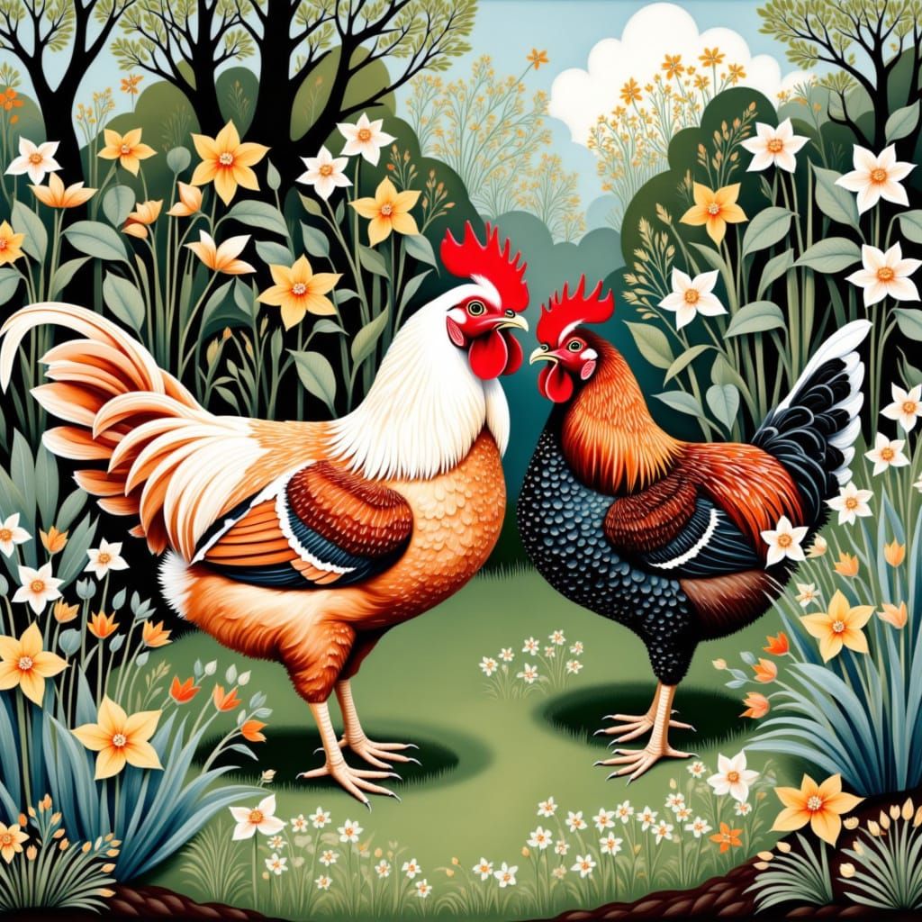chickens in the garden <lora:Scandi:1.0>  intricate and detailed, artistic yet accurate