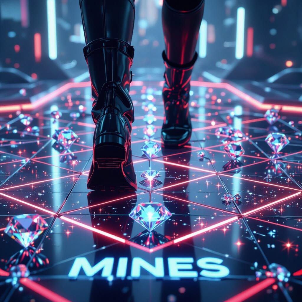 A cinematic close-up of a polygon game board for a slot game called "Mines". The board is divided into big shining diamonds, each diamond ma...