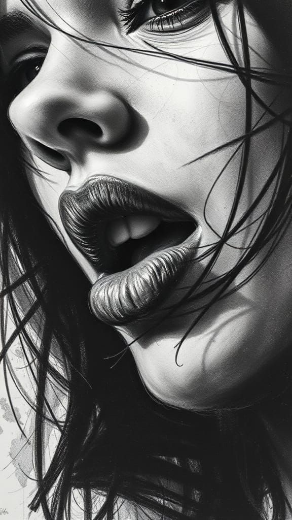 Intense Female Emotion Captured in Charcoal Drawing