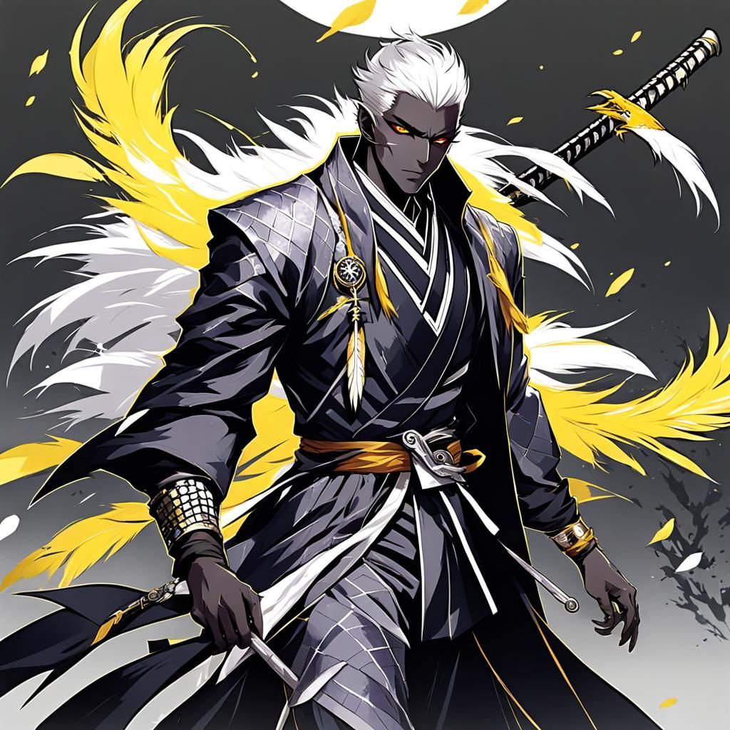 Male Drow, Dark Grey Skin, White short Hair,yellow eyes, wea...