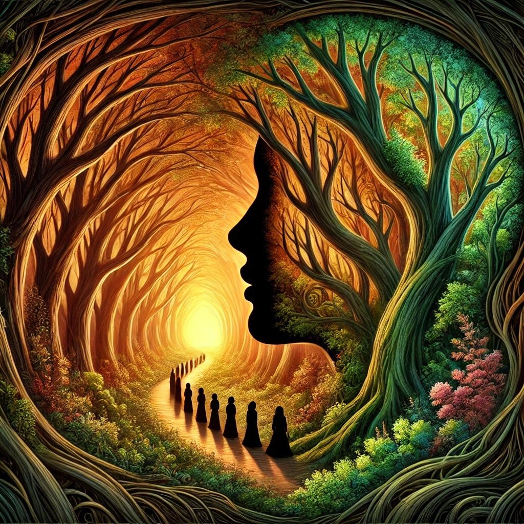 Woman's Silhouette And Mourners Walking Through The Forest |...