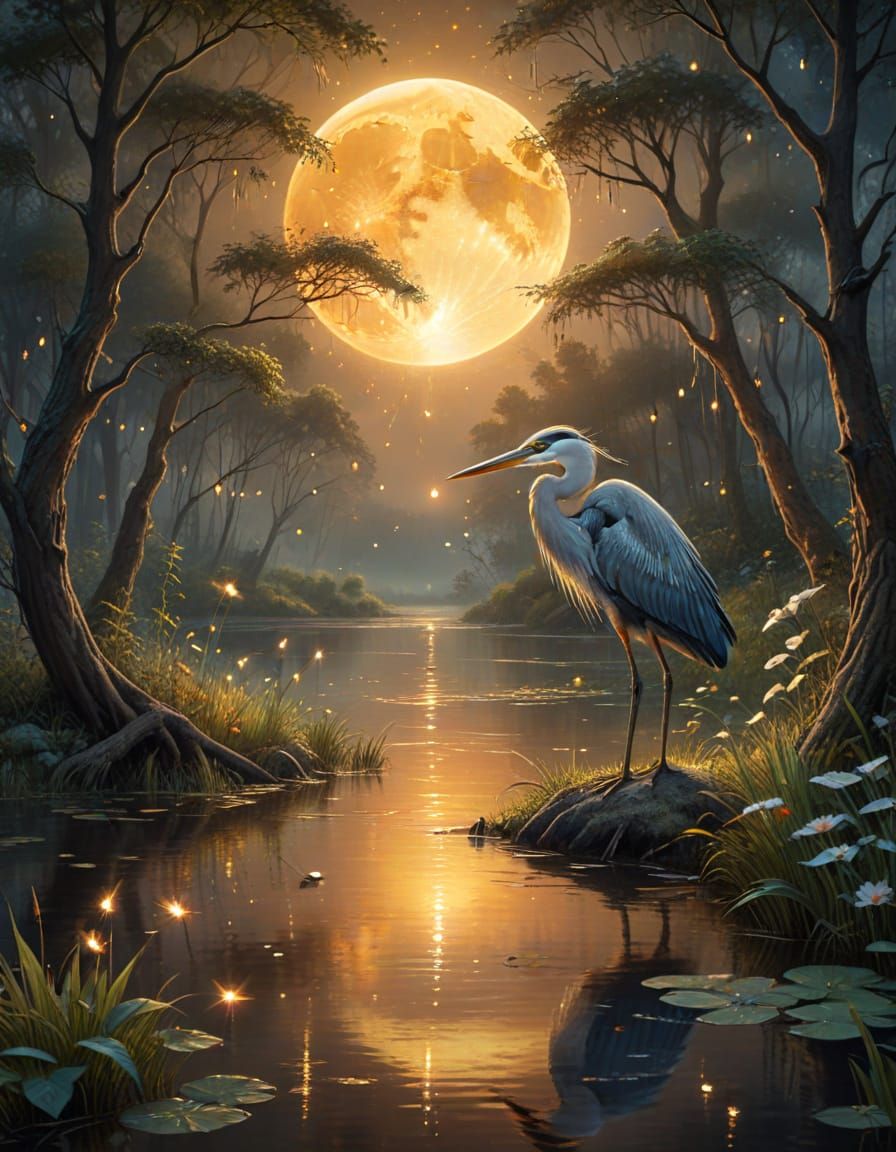 enormous golden moon with beautiful heron bird in front, Atmospheric, epic, colorful, cinematic, brilliant, ...  by @Ima