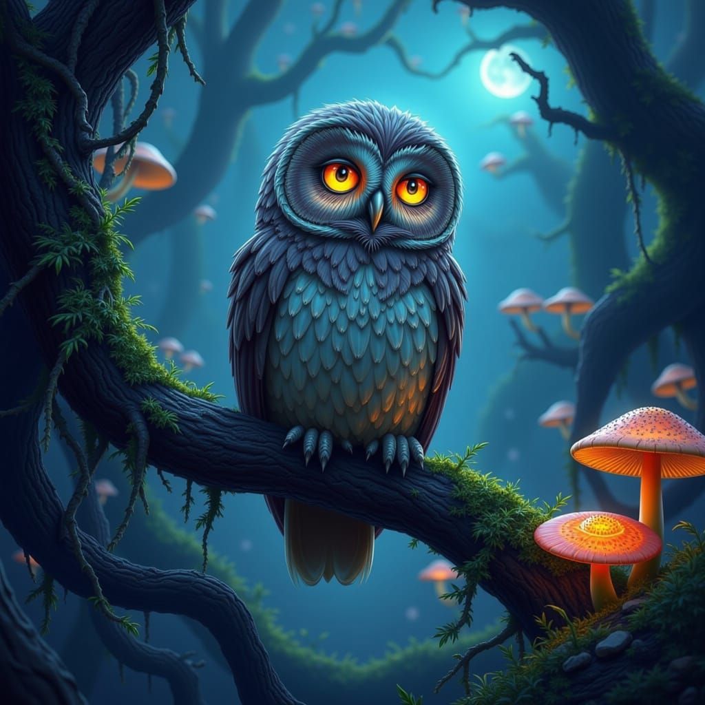 A wise old owl perches on a branch in a moonlit forest, its eyes glowing with ancient knowledge. Digital art. The forest is filled with biol...