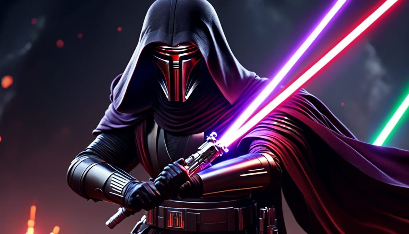 <lora:Sci-Fi Fusion:1.0>  Darth Revan wielding his purple lightsaber in his right hand while using the Force with his left hand. hyperdetail...
