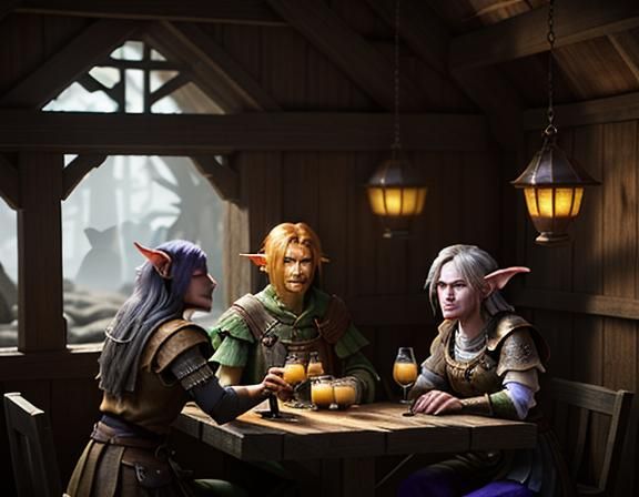 three female goblins drinking cocktails in a rustic tavern. ...